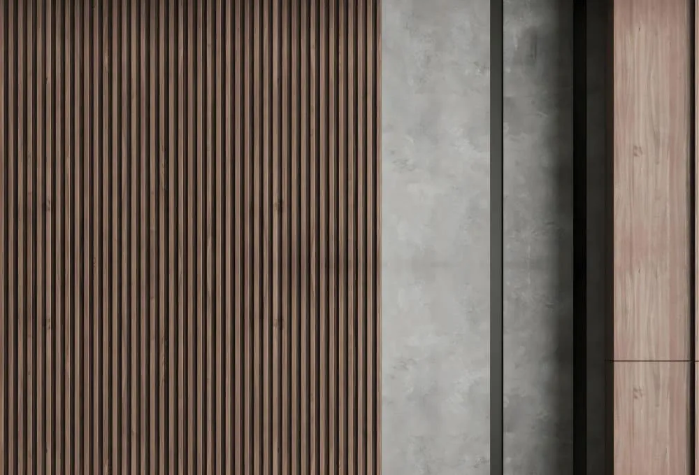 Современные стеновые панели с вертикальными деревянными рейками и вставками под бетон в интерьерной отделке квартиры
