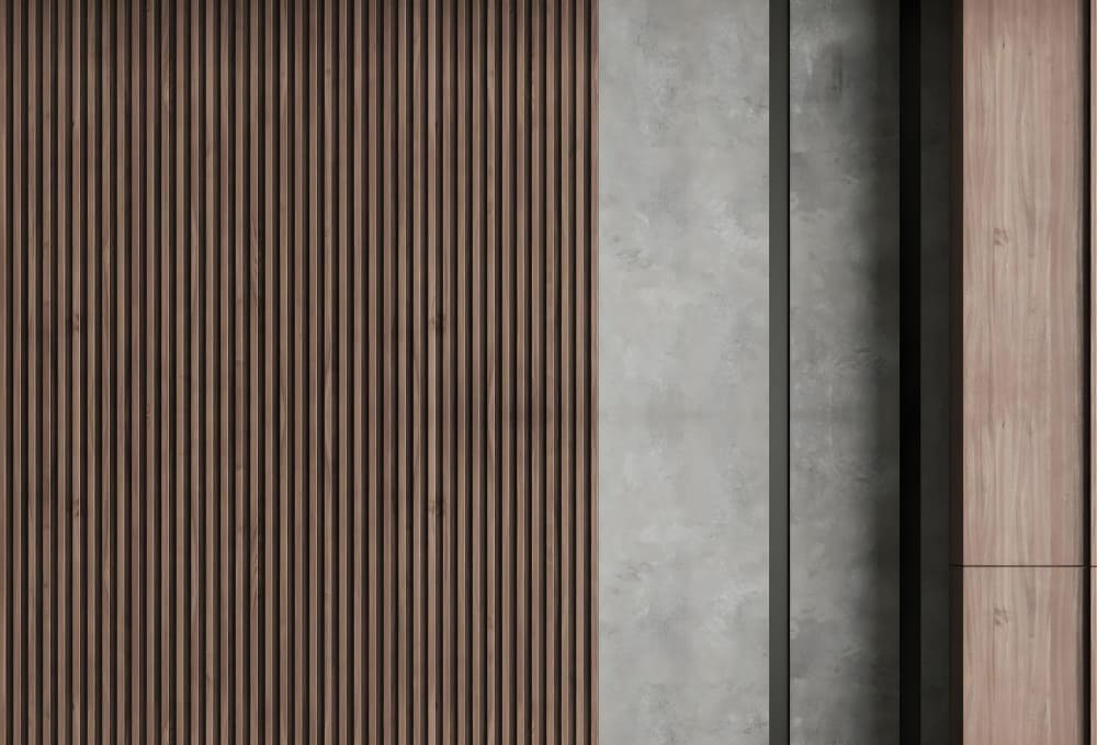 Современные стеновые панели с вертикальными деревянными рейками и вставками под бетон в интерьерной отделке квартиры